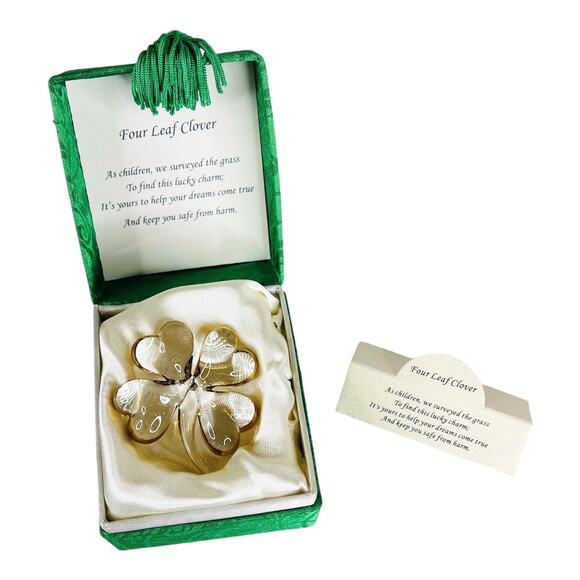 VTG Glass Four Leaf CLOVER CHARM Blessing Shamrock Figurine In Box Gold Detail - Picture 4 of 8
